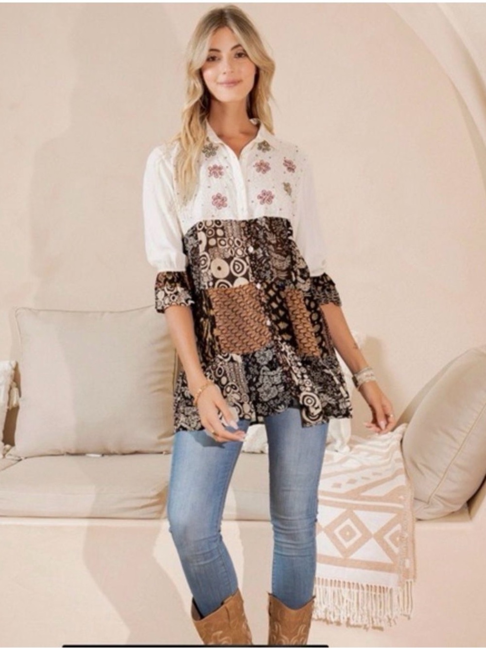K163 Young Threads Boho Style Patchwork 3/4 Sleeve Sz Lg White/Brown Tunic NWT